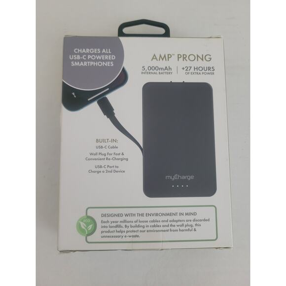 myCharge Amp Prong 5000mAh Portable Charger w/ Built-In USB-C Cable NWB - Picture 2 of 2
